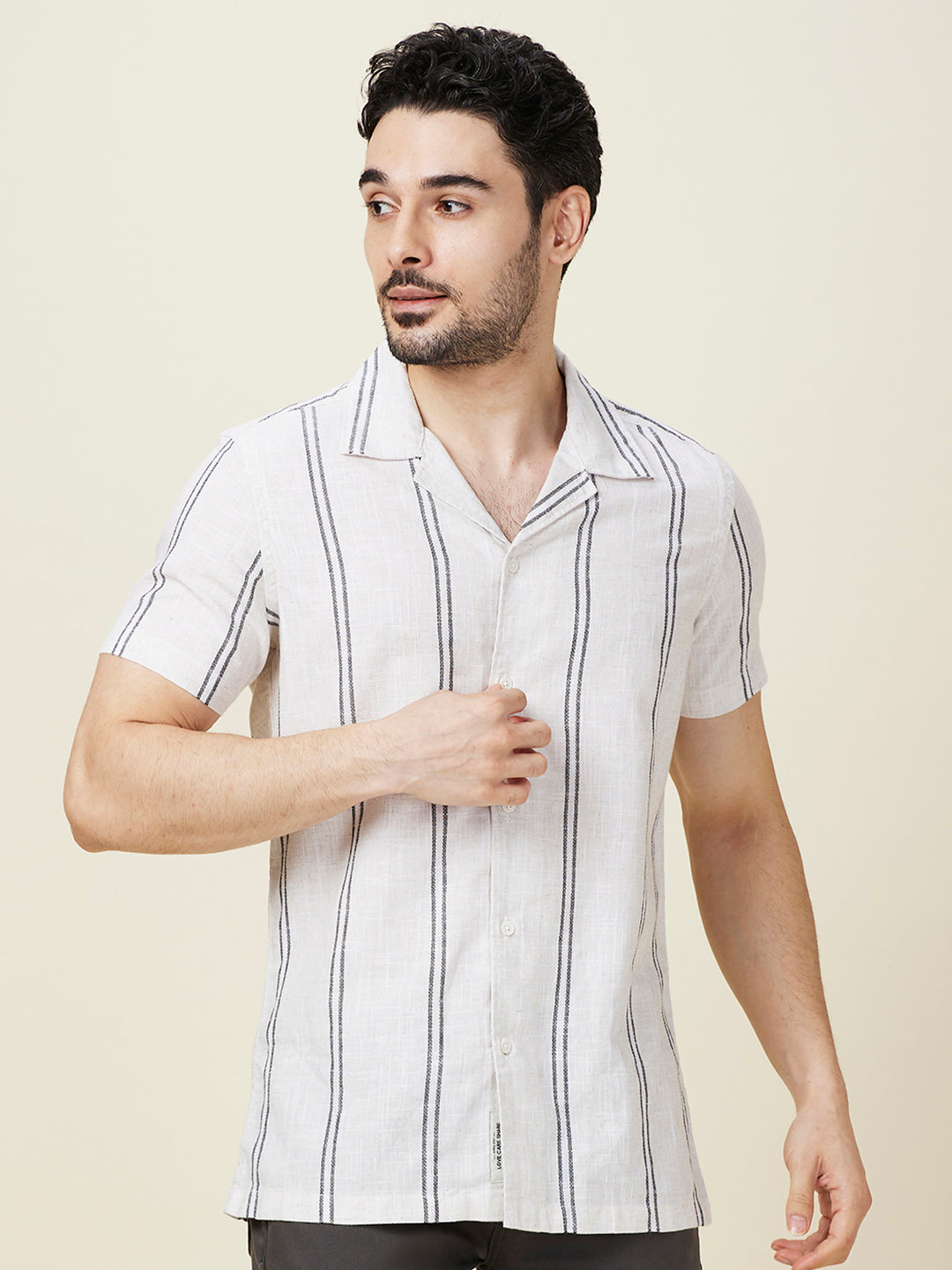 Being Human Men White Vertical Stripes Camp Collar Shirt