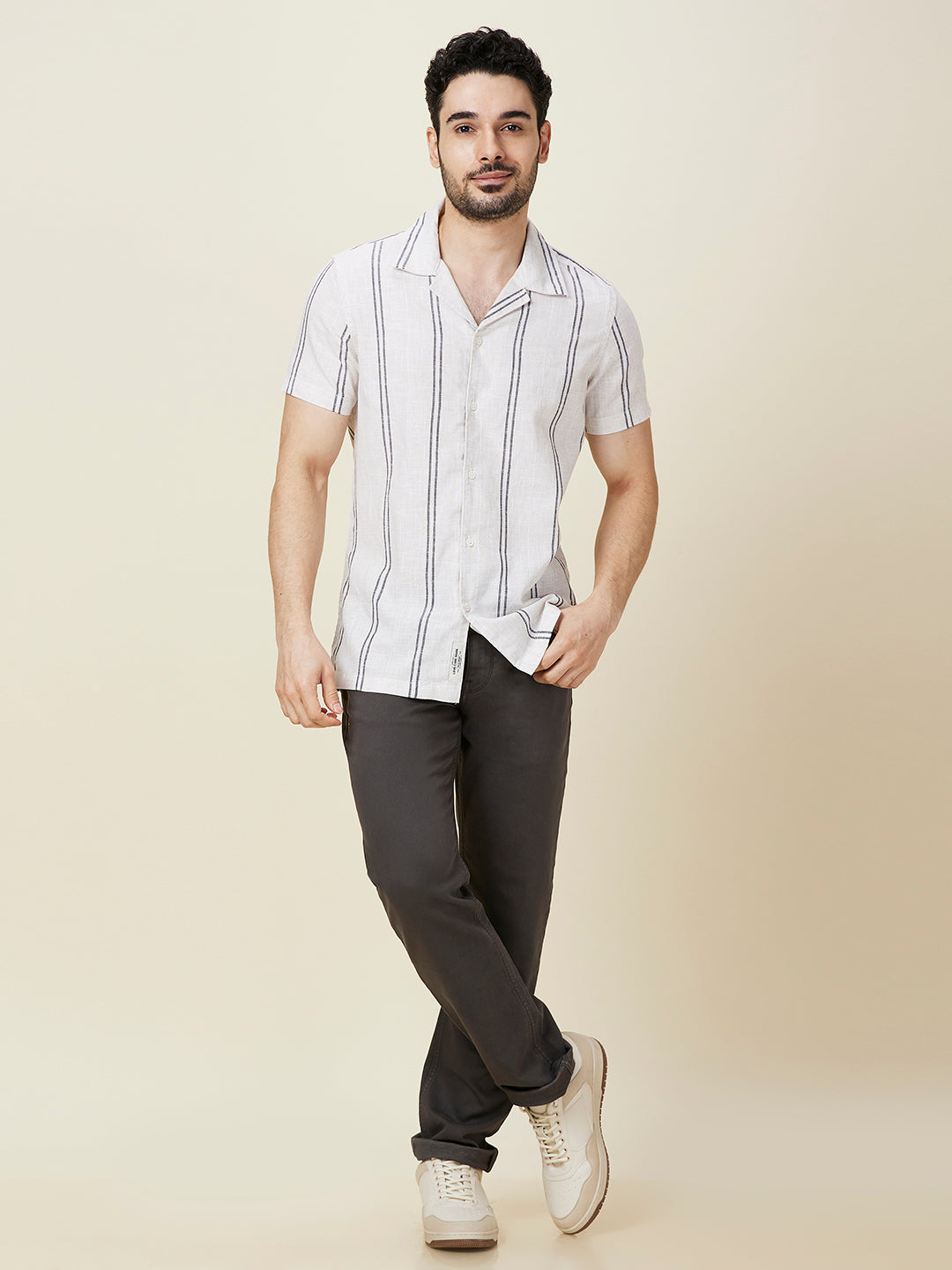 Being Human Men White Vertical Stripes Camp Collar Shirt