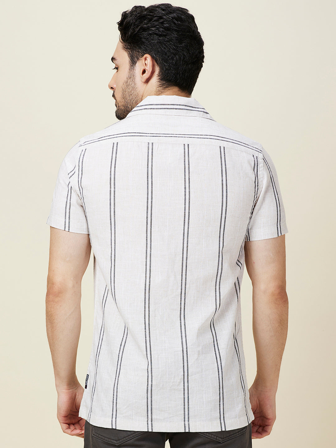 Being Human Men White Vertical Stripes Camp Collar Shirt