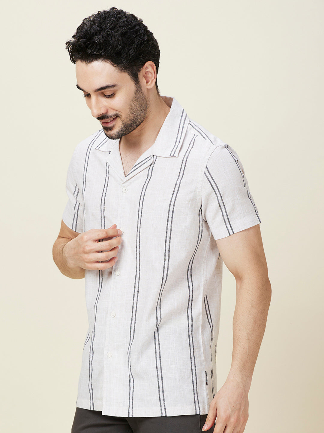 Being Human Men White Vertical Stripes Camp Collar Shirt