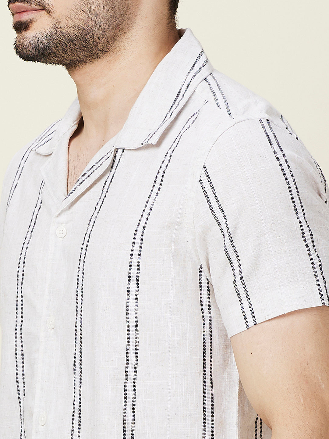 Being Human Men White Vertical Stripes Camp Collar Shirt