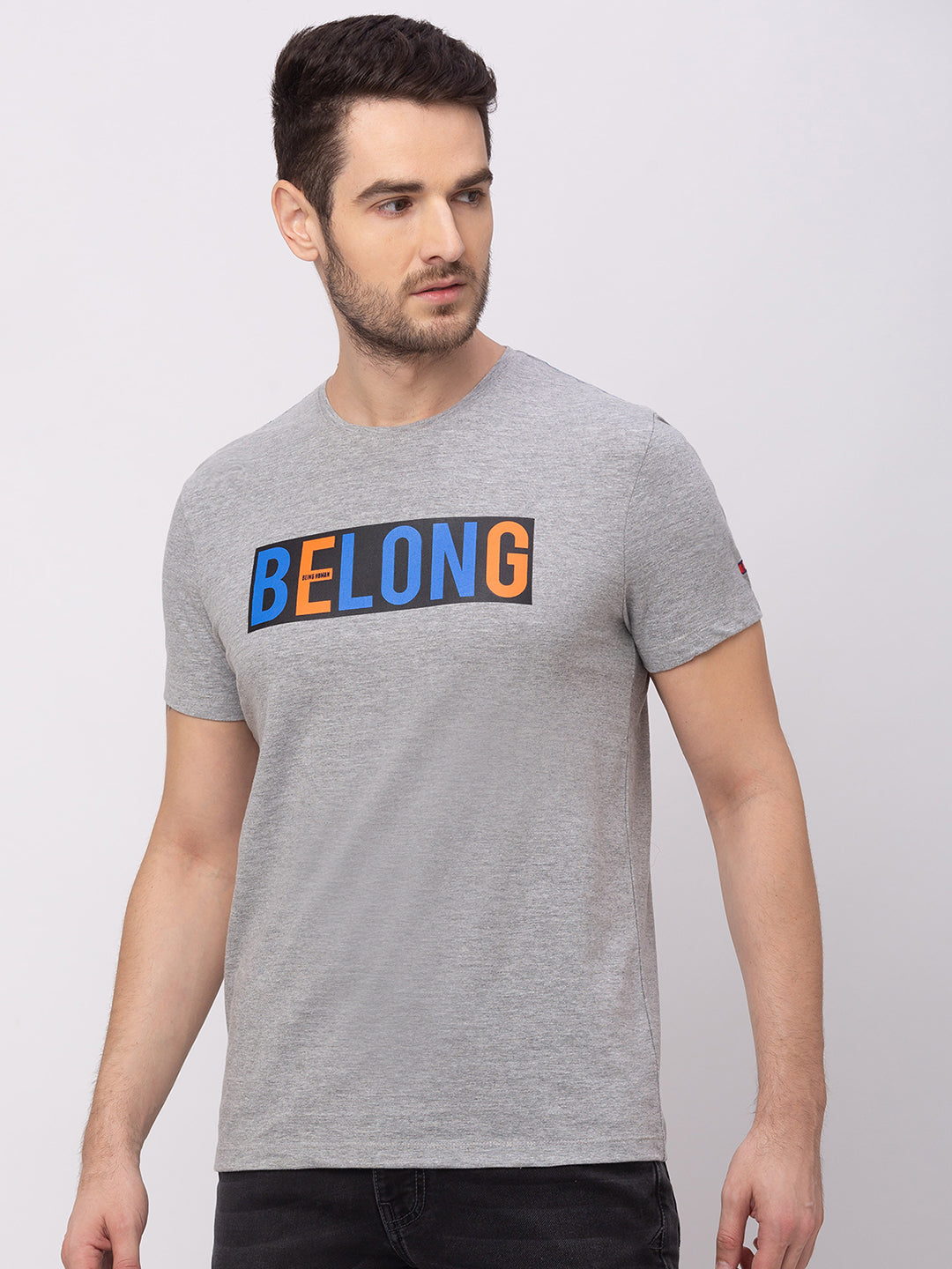 Being Human Regular Fit Men Crew Neck T-Shirts-Grey Melange & Surf Blue