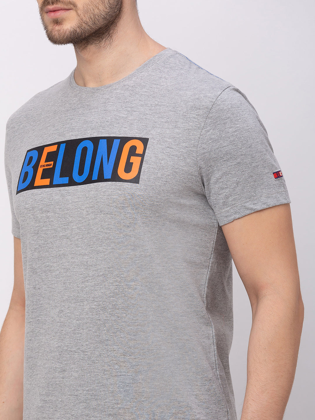 Being Human Regular Fit Men Crew Neck T-Shirts-Grey Melange & Surf Blue