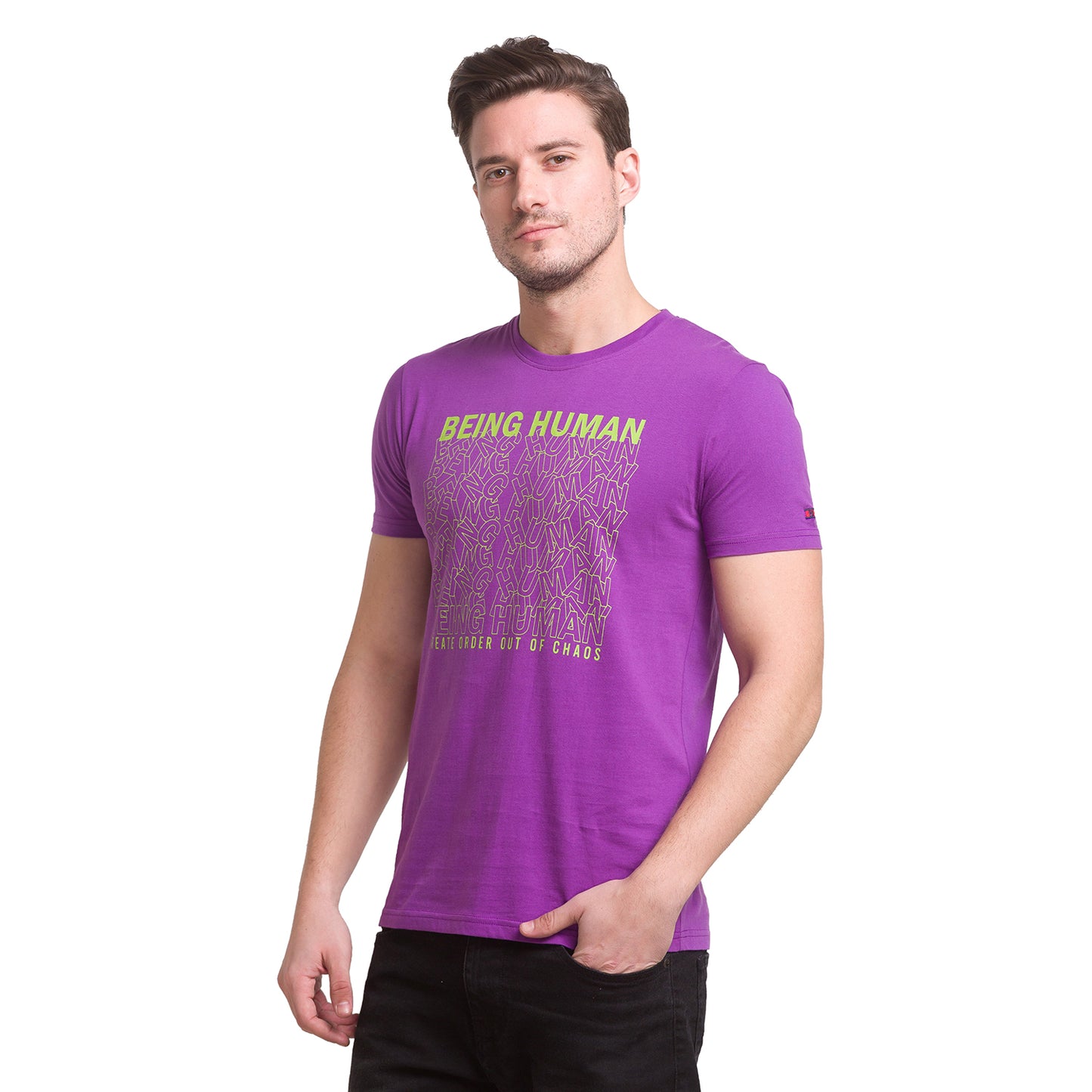 Being Human Regular Fit Men Crew Neck T-Shirts-Yellow & Violet