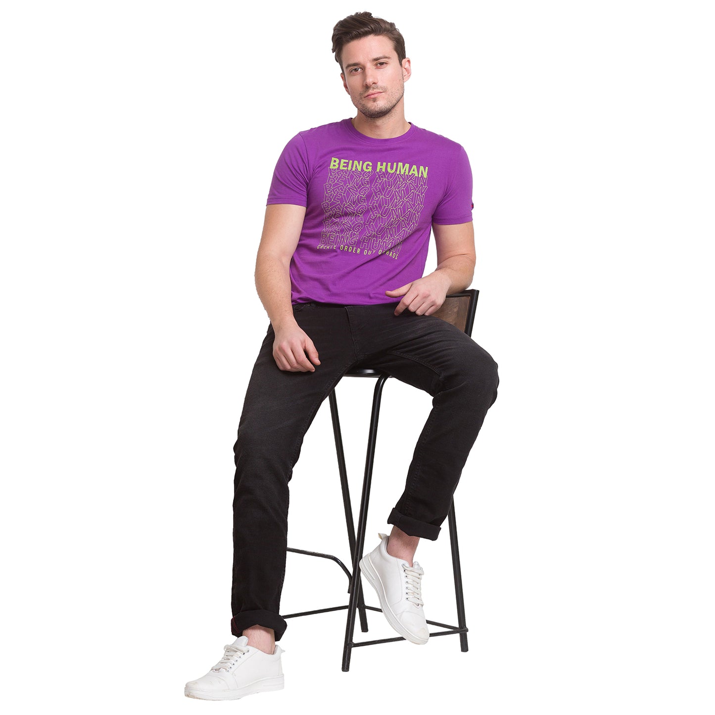 Being Human Regular Fit Men Crew Neck T-Shirts-Yellow & Violet