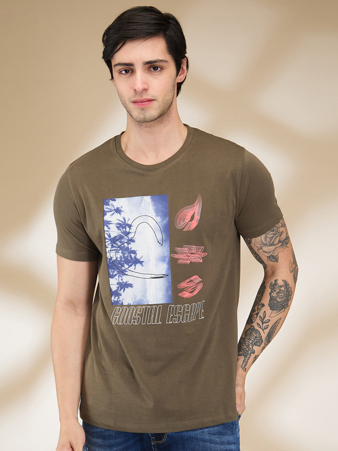 Being Human Men Olive Graphic Round Neck T-Shirt