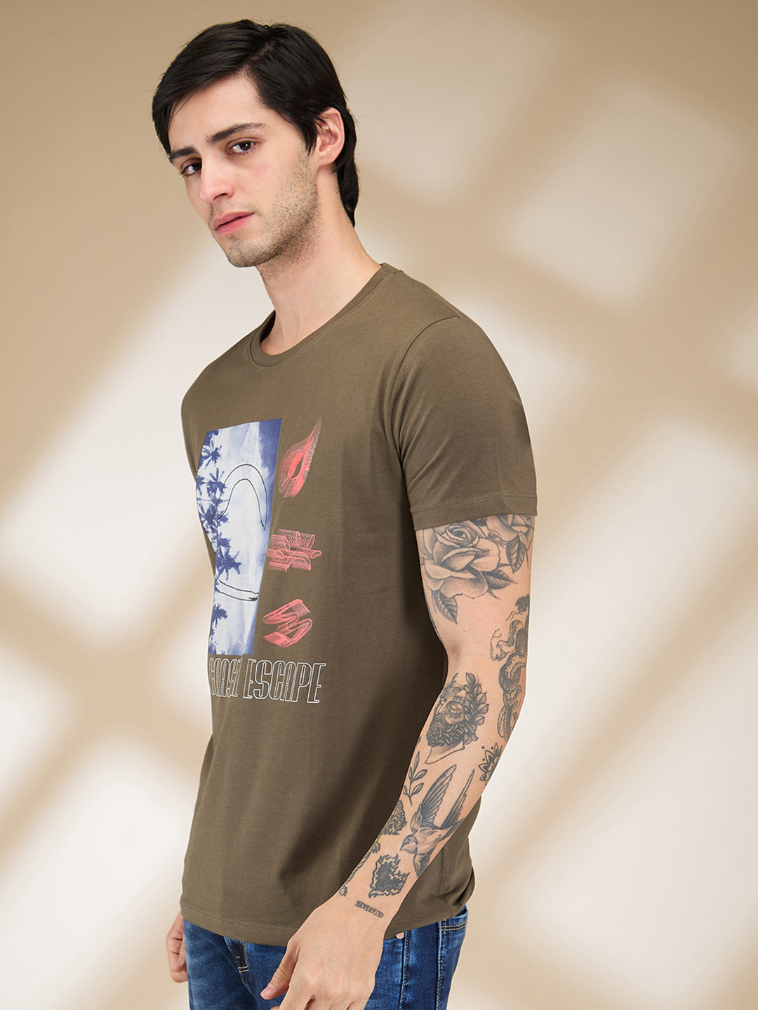 Being Human Men Olive Graphic Round Neck T-Shirt