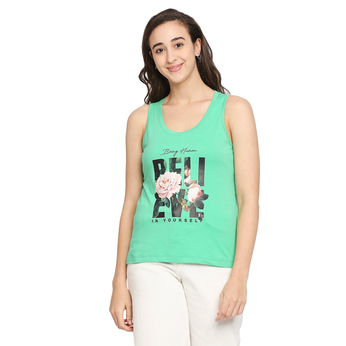 Being Human Semi Tank Fit Women Crew Neck T-Shirts-Mint Green & Geranium - beinghumanbd -