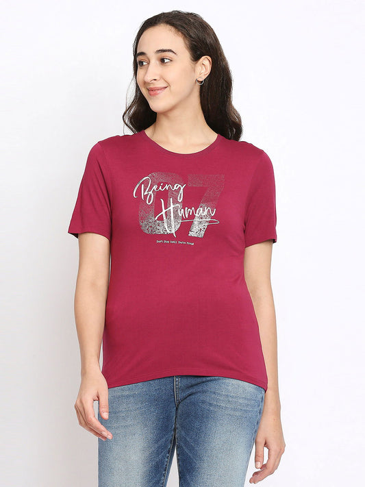 Being Human Easy Fit Women Crew Neck T-Shirts-Jet Black & Plum - beinghumanbd - 