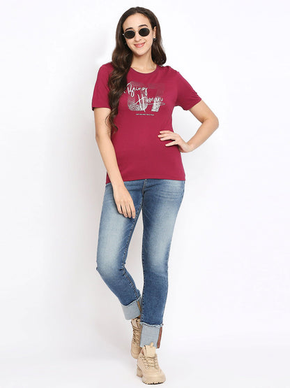 Being Human Easy Fit Women Crew Neck T-Shirts-Jet Black & Plum - beinghumanbd - 