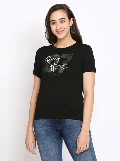 Being Human Easy Fit Women Crew Neck T-Shirts-Jet Black & Plum - beinghumanbd - 
