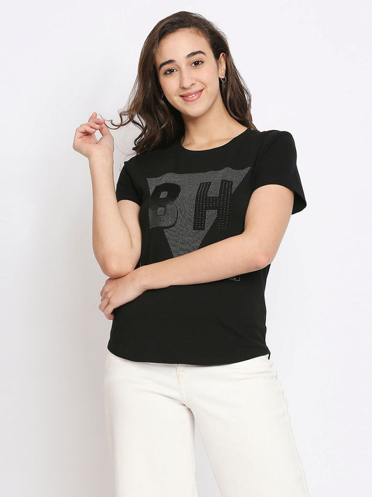 Being Human Easy Fit Women Crew Neck T-Shirts-Jet Black & White - beinghumanbd - 