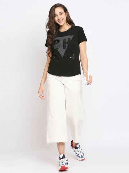 Being Human Easy Fit Women Crew Neck T-Shirts-Jet Black & White - beinghumanbd - 