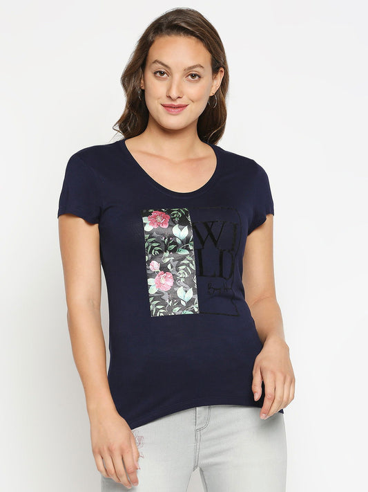 Being Human Easy Fit Women Crew Neck T-Shirts-Navy & Ecru Melange - beinghumanbd - 