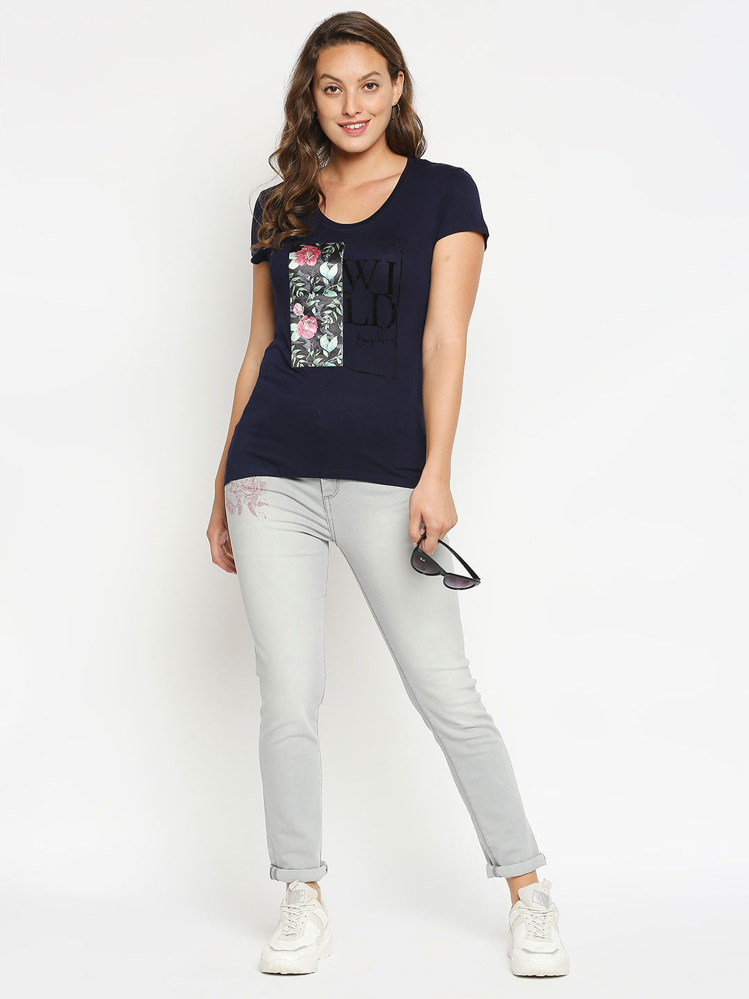 Being Human Easy Fit Women Crew Neck T-Shirts-Navy & Ecru Melange - beinghumanbd - 