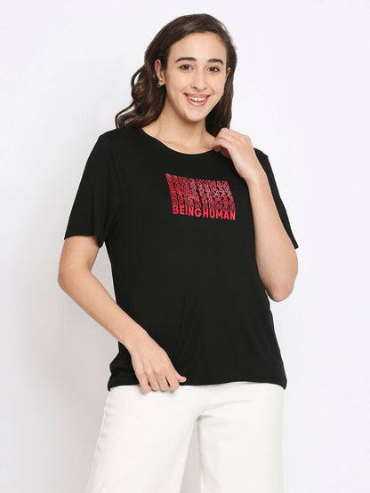 Being Human Semi Fit Women Crew Neck T-Shirts-Jet Black - beinghumanbd - 