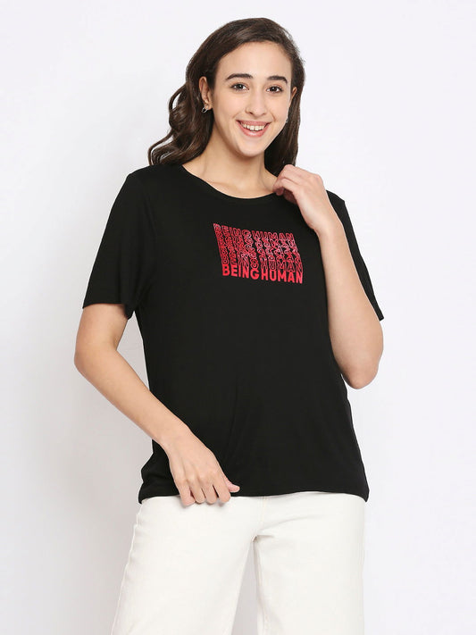 Being Human Semi Fit Women Crew Neck T-Shirts-Jet Black - beinghumanbd - 